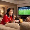 一位中年女性球迷身穿红色球衣，在客厅观看欧冠比赛